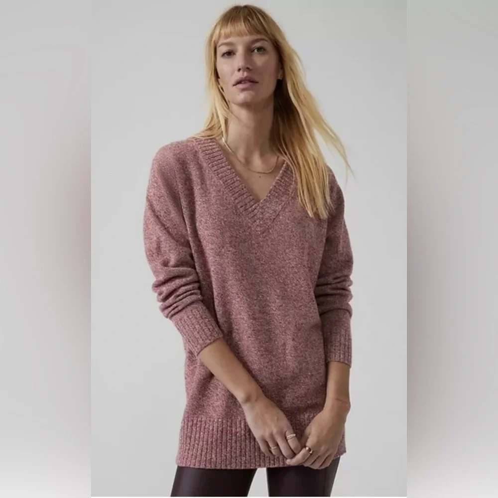 Athleta Vital V-Neck Tunic Wool Cashmere Sweater Maroon/ White Marl Size Small